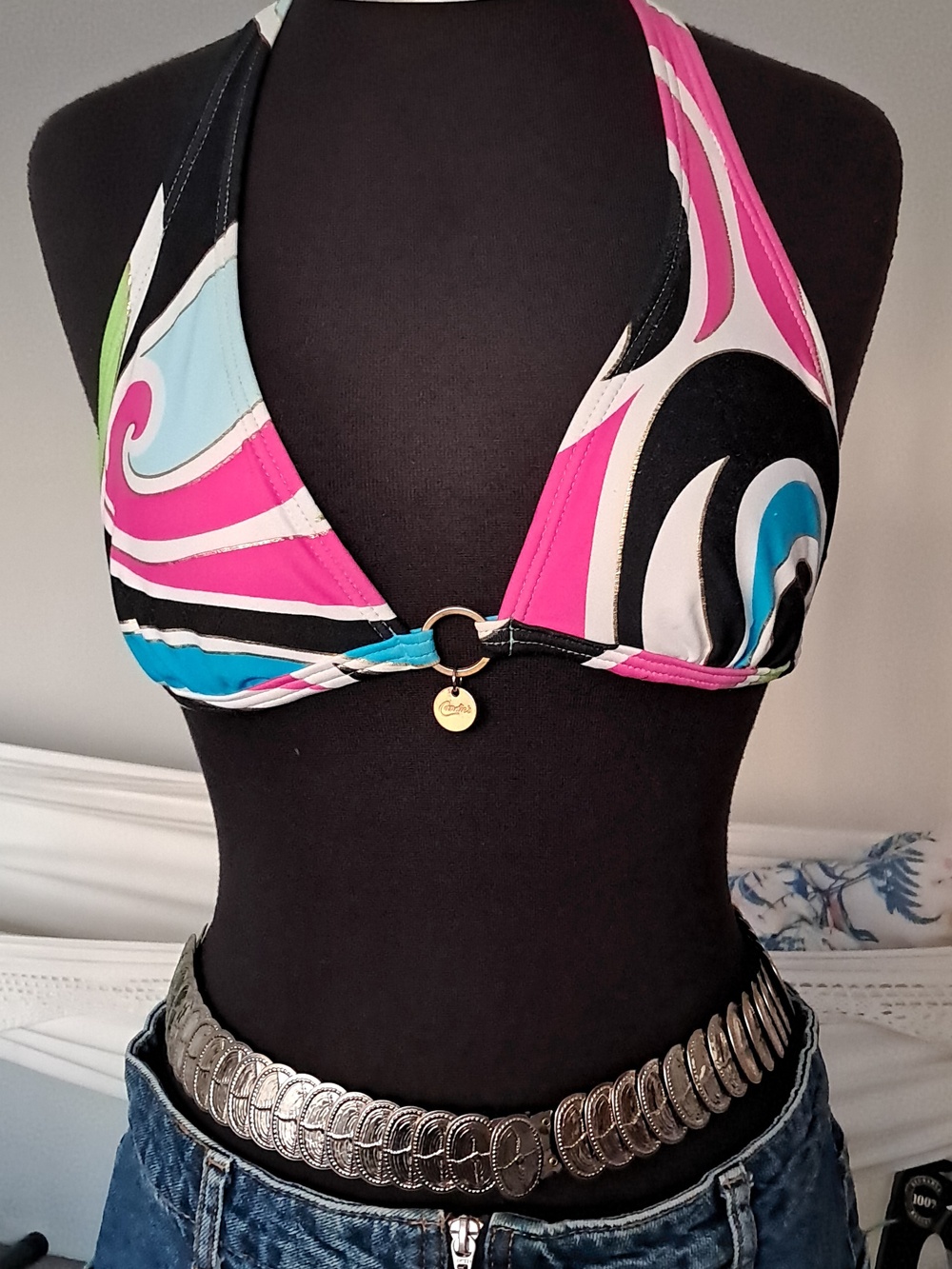 Women’s Multi-Color Halter Bikini Top with Ring Accent